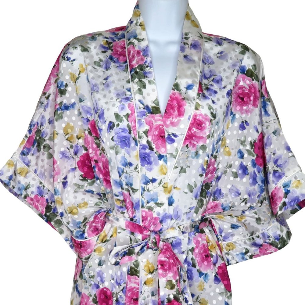 Vintage Partners Mervyns Satin Kimono Robe L White Floral Knee Length Belted NEW